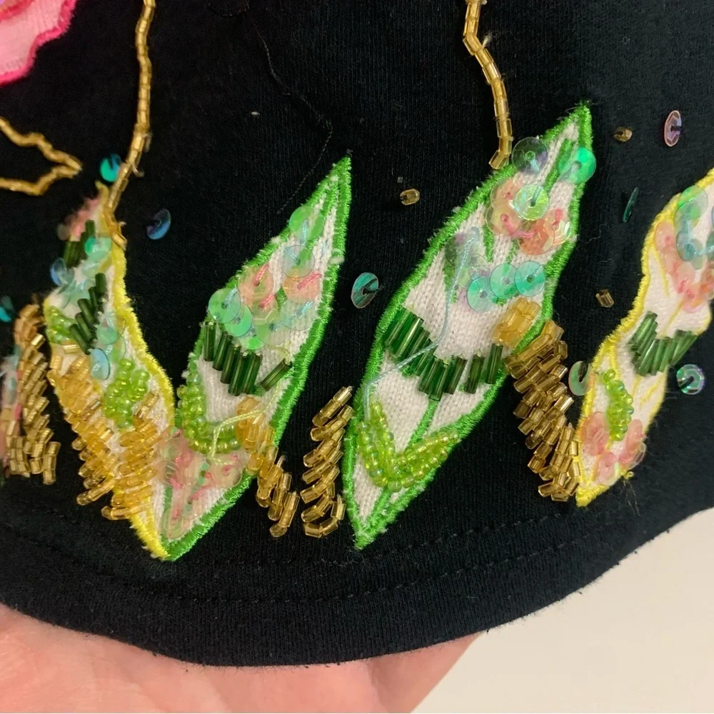 Berek designed by Takako Sakon Vintage Flamingo Beaded Sequins Tropical Top XL - Picture 6 of 11
